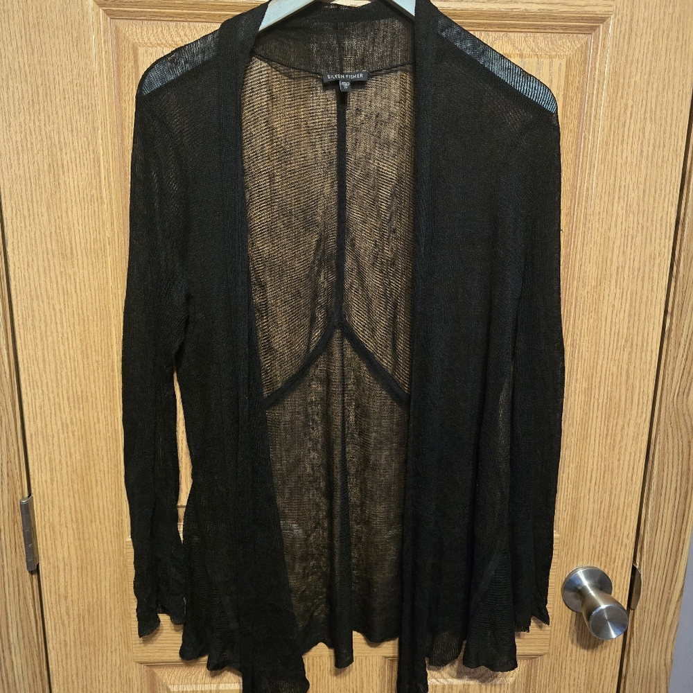 Eileen Fisher Sheer Grid Cardigan in Black, Medium